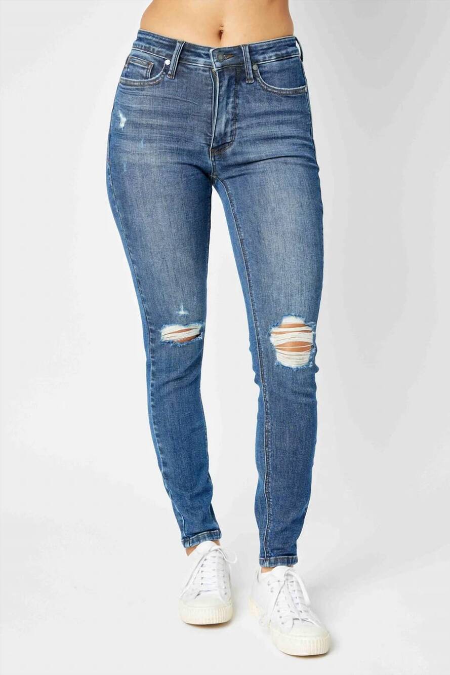 NEW JUDY BLUE mid-rise tummy control distressed skinny jeans in medium wash